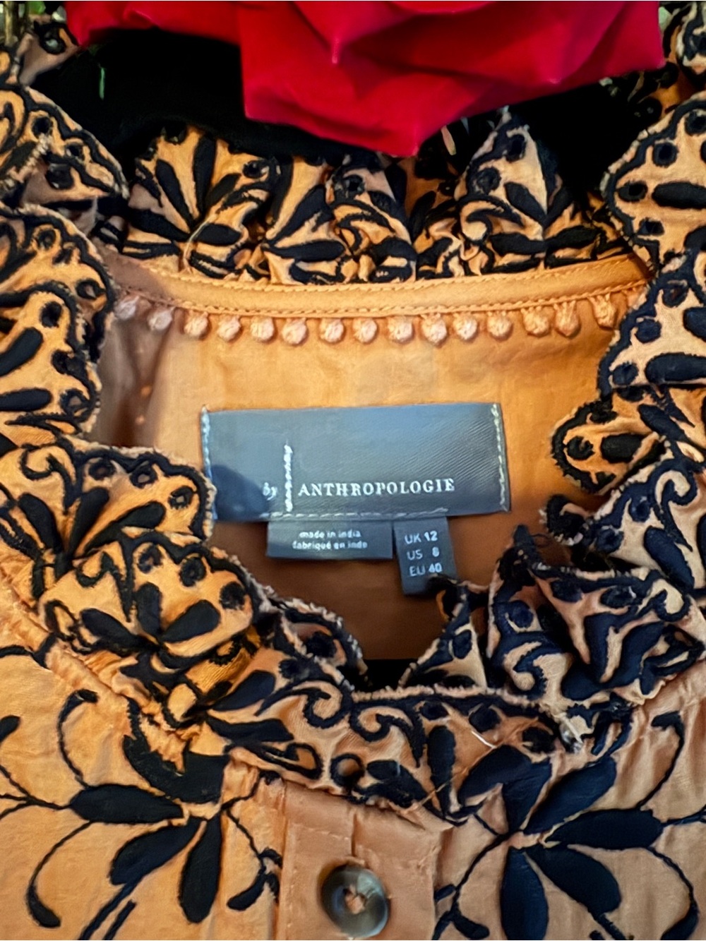 Anthropologie Peach Embroidered Ruffle Blouse US 8 Romantic Top - Picture 3 of 8